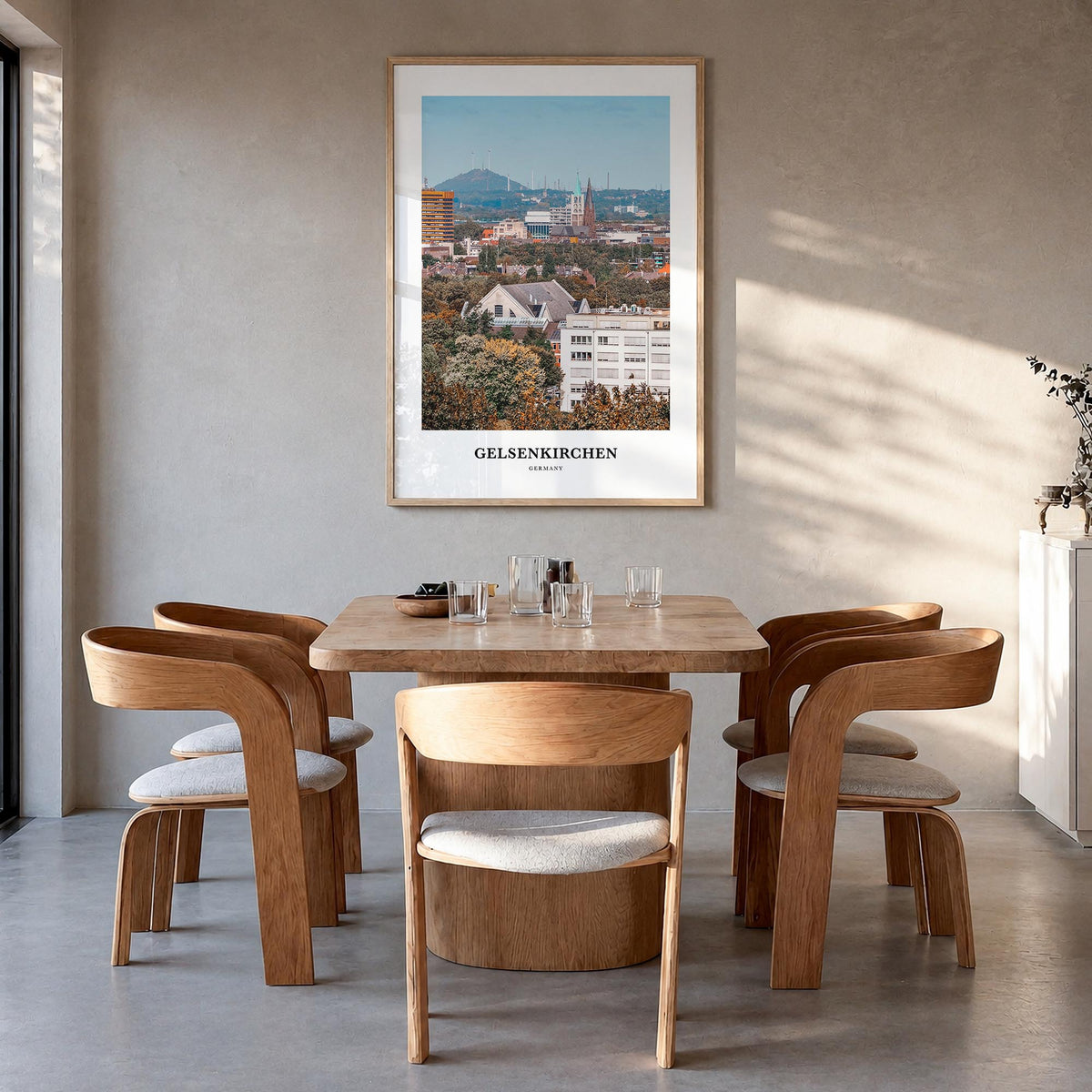 Gelsenkirchen colorful classic poster of Germany – vertical wall art in natural wood frame, hanging on wall