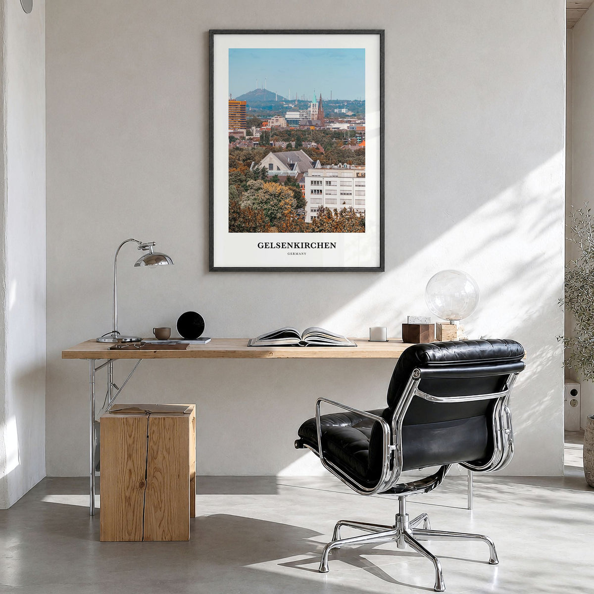 Gelsenkirchen Classic Poster in a black wood frame, hanging in a bright home office