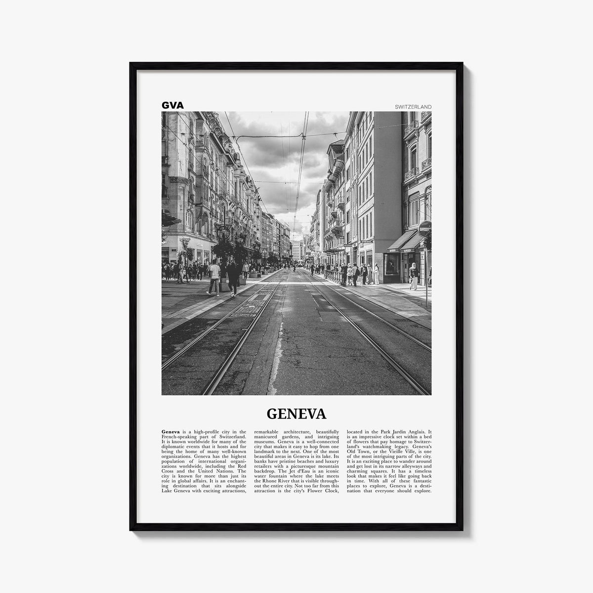 Geneva black & white newspaper poster of Switzerland – vertical wall art, unframed print shown in interior mockup