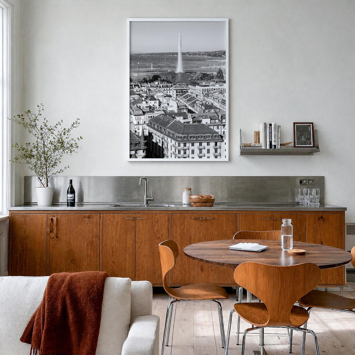 Geneva black & white photo poster of Switzerland – vertical wall art in white wood frame, hanging on wall