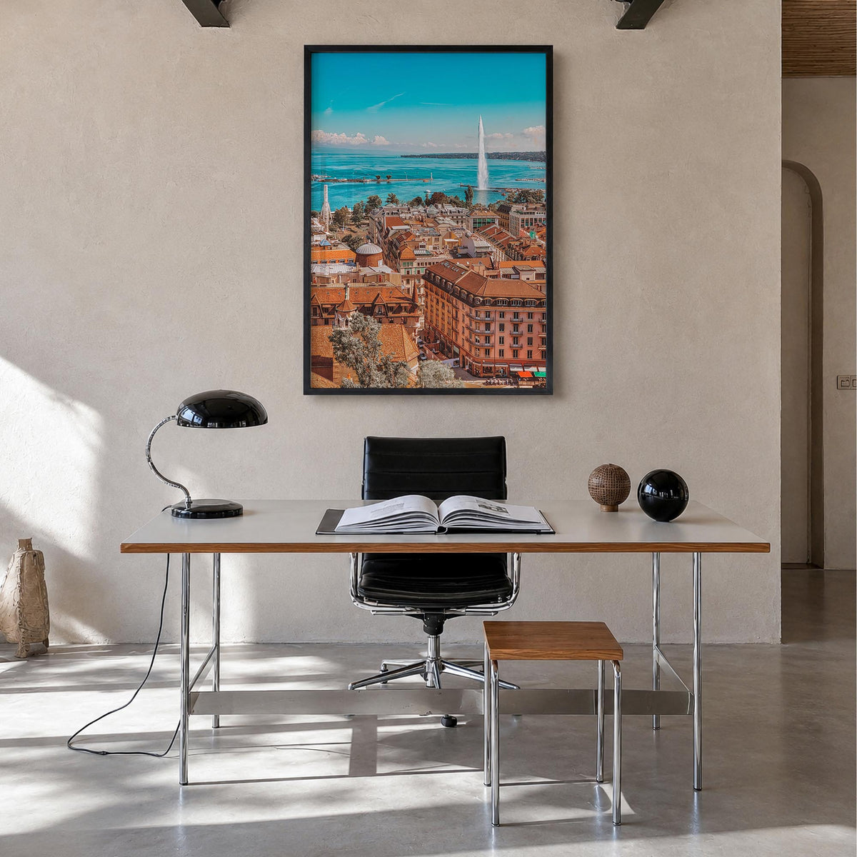 Geneva colorful photo poster of Switzerland – vertical wall art in black wood frame, hanging on wall