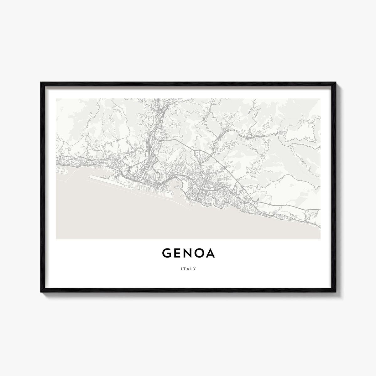 Genoa black & white map poster of Italy – horizontal wall art, unframed print shown in interior mockup