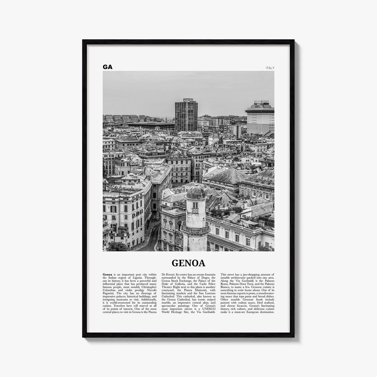 Genoa no. 1 black & white newspaper poster of Italy – vertical wall art, unframed print shown in interior mockup