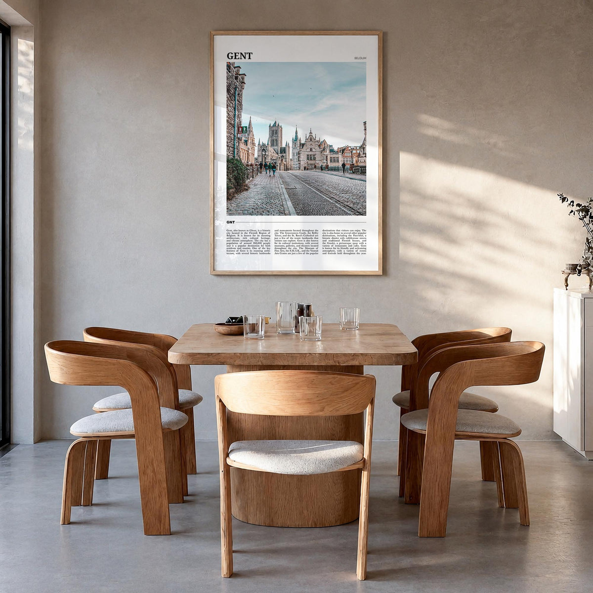 Gent colorful travel poster of Belgium – vertical wall art in natural wood frame, hanging on wall
