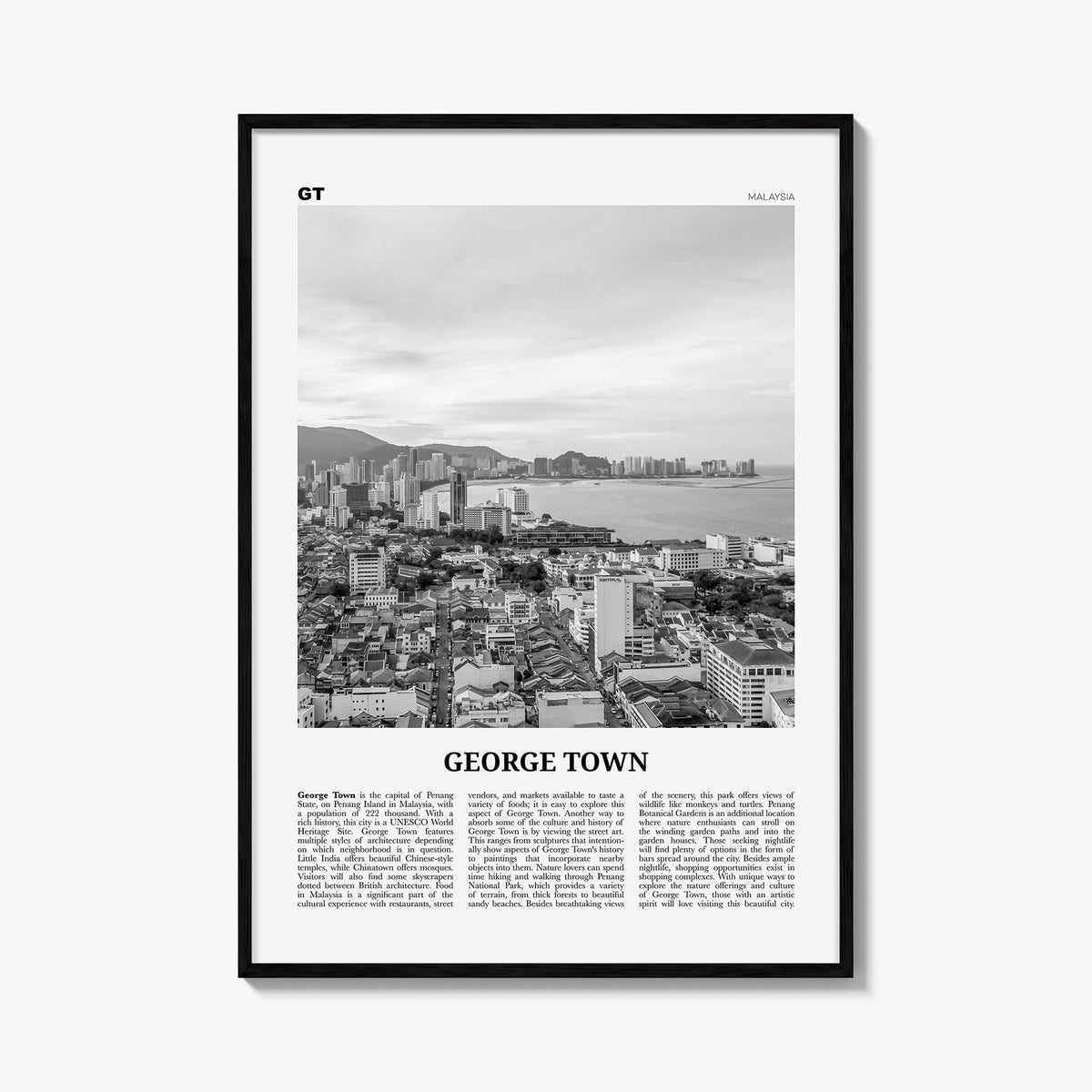 George Town, Malaysia black & white newspaper poster of Malaysia – vertical wall art, unframed print shown in interior mockup