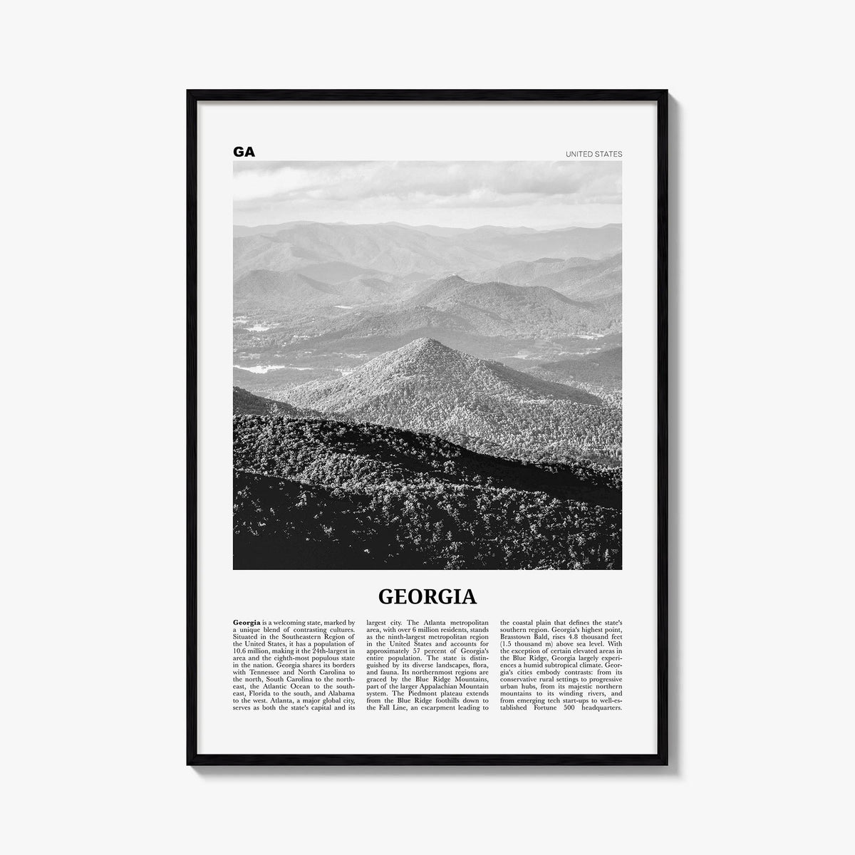 Georgia no. 1 black & white newspaper poster of United States – vertical wall art, unframed print shown in interior mockup