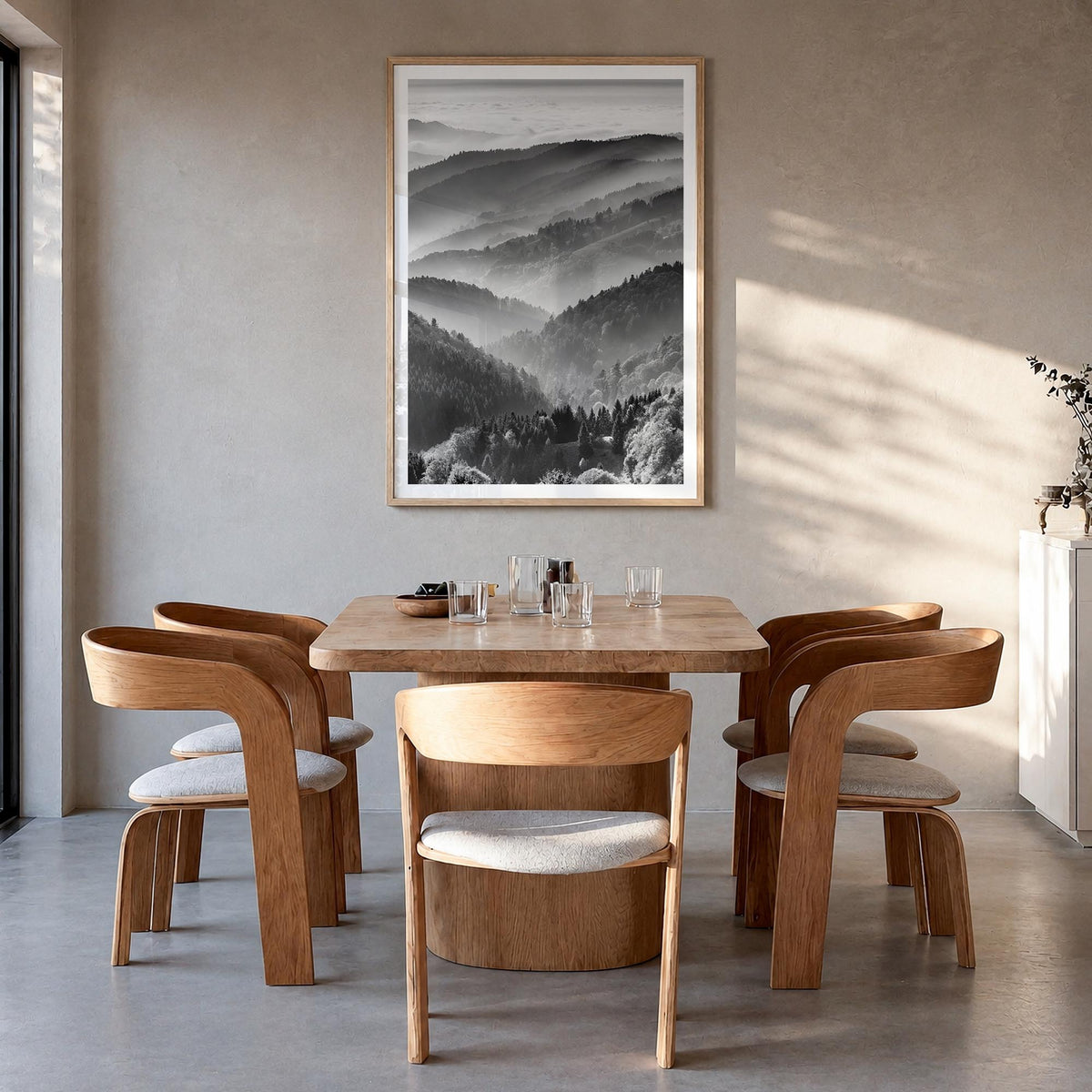 Germany black & white photo poster of Europe – vertical wall art in natural wood frame with white border, hanging on wall
