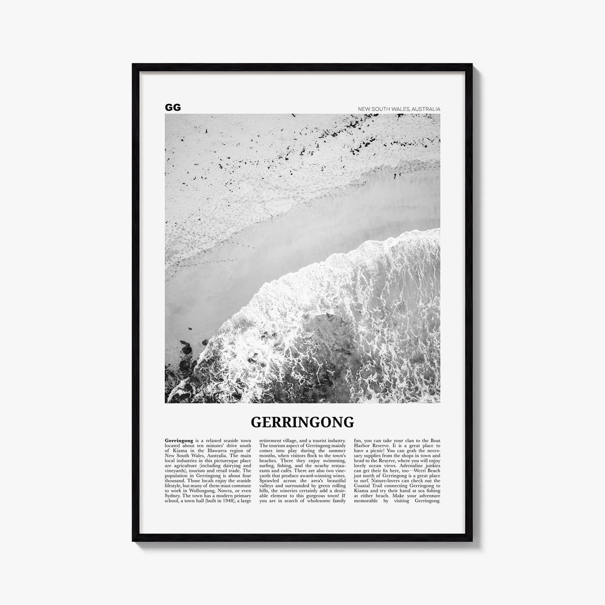 Gerringong black & white newspaper poster of Australia – vertical wall art, unframed print shown in interior mockup