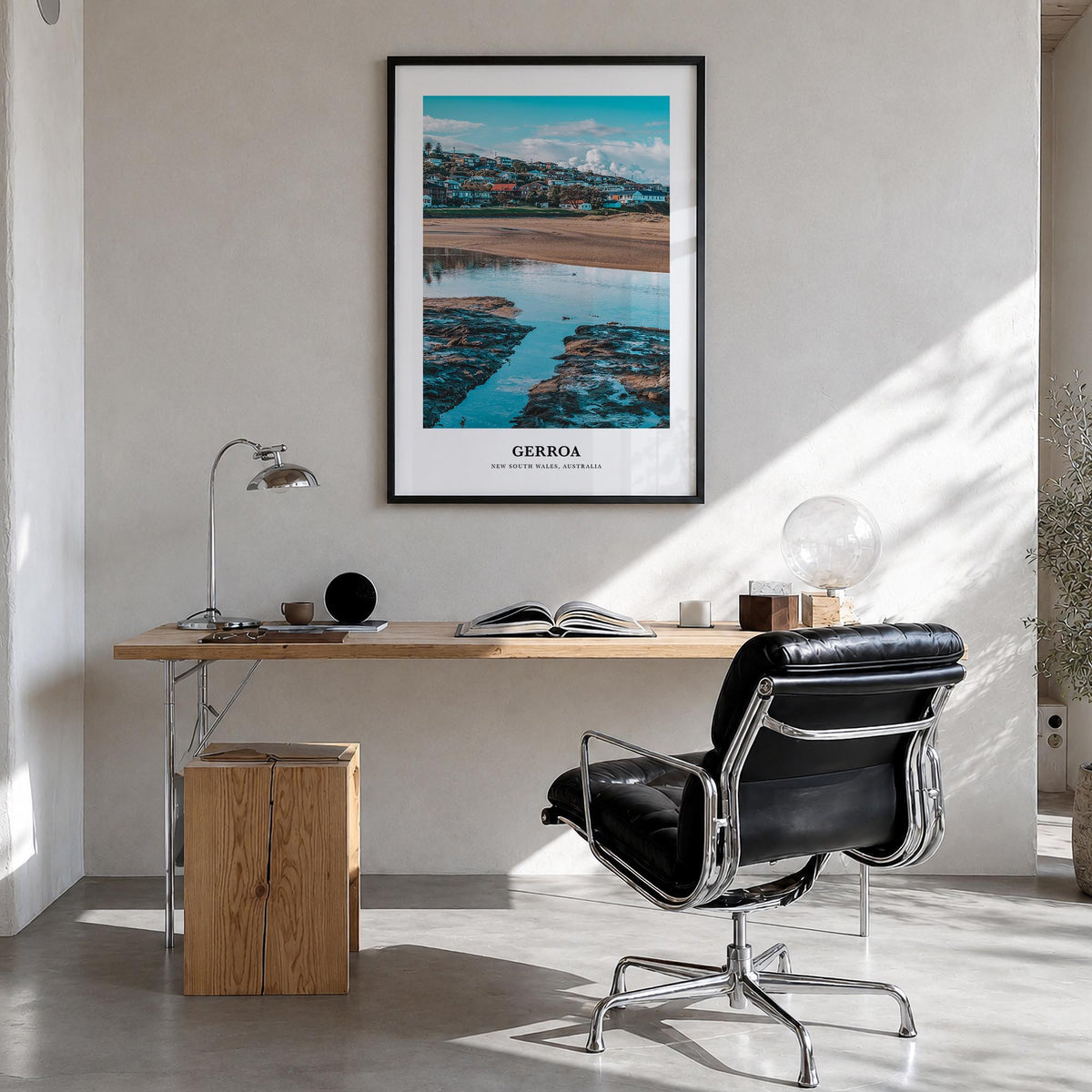 Gerroa colorful classic poster of Australia – vertical wall art in black wood frame, hanging on wall