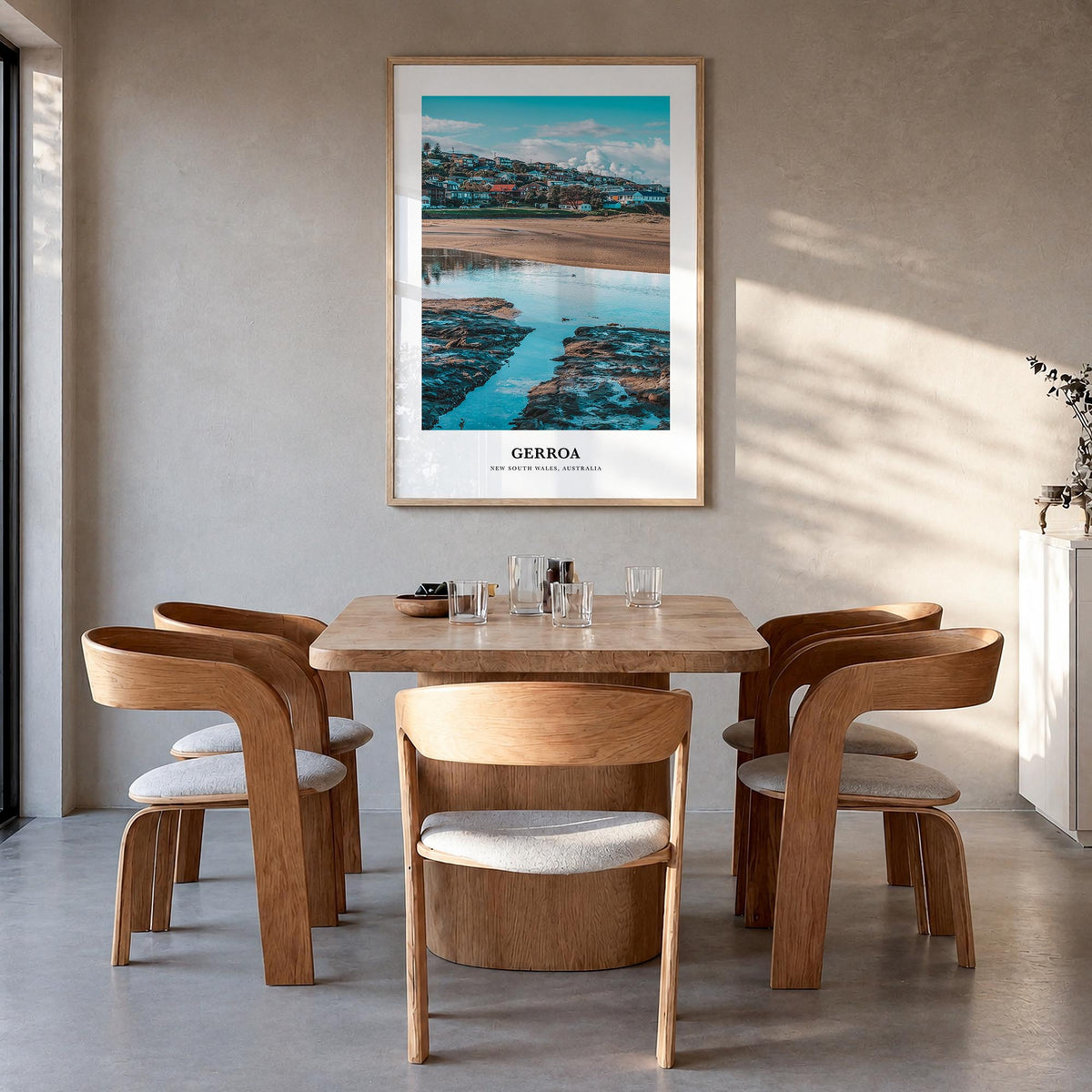 Gerroa colorful classic poster of Australia – vertical wall art in natural wood frame, hanging on wall