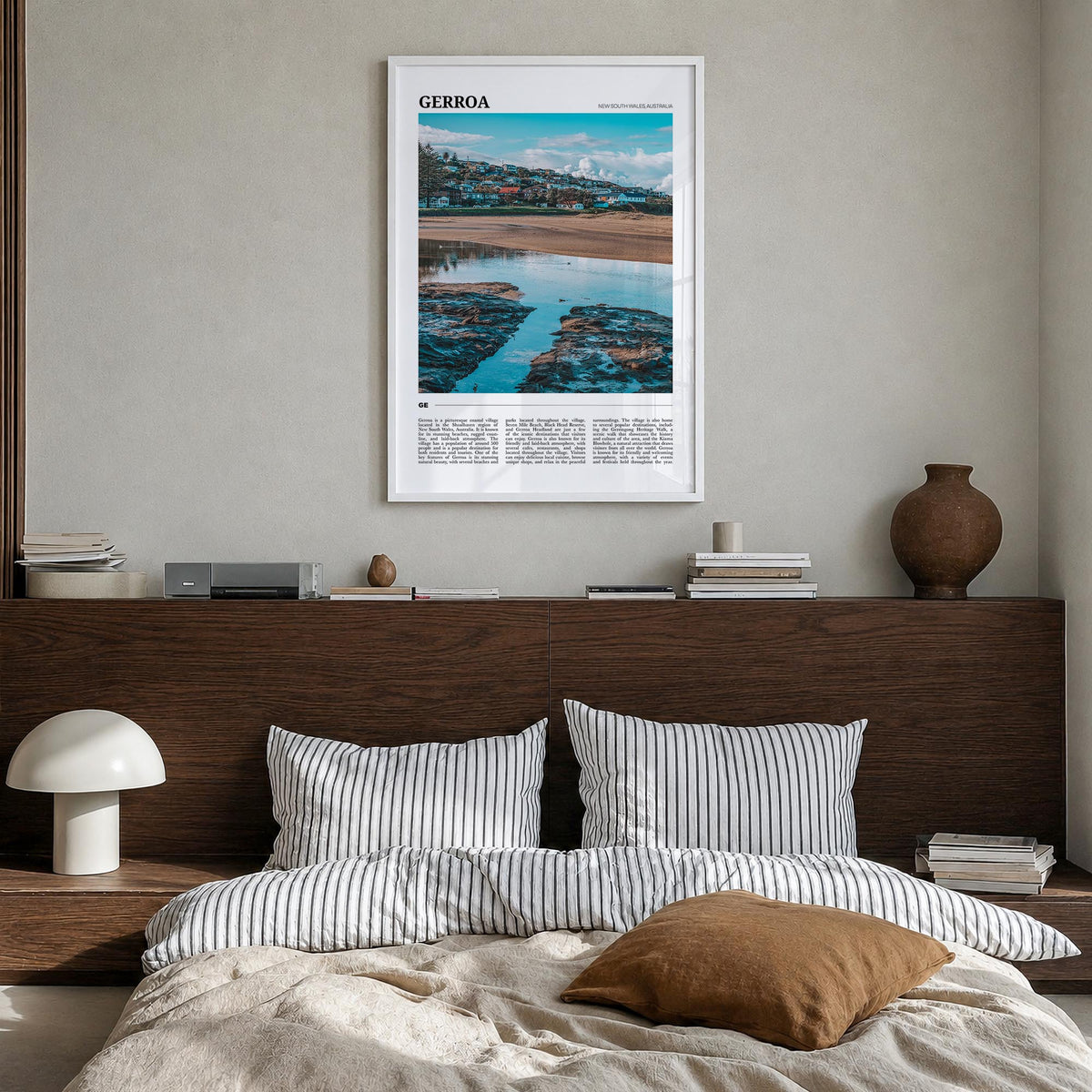 Gerroa colorful travel poster of Australia – vertical wall art in white wood frame, hanging on wall