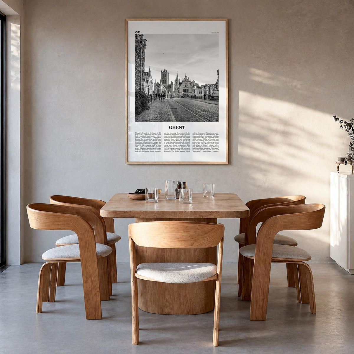 Ghent black & white newspaper poster of Belgium – vertical wall art in natural wood frame, hanging on wall