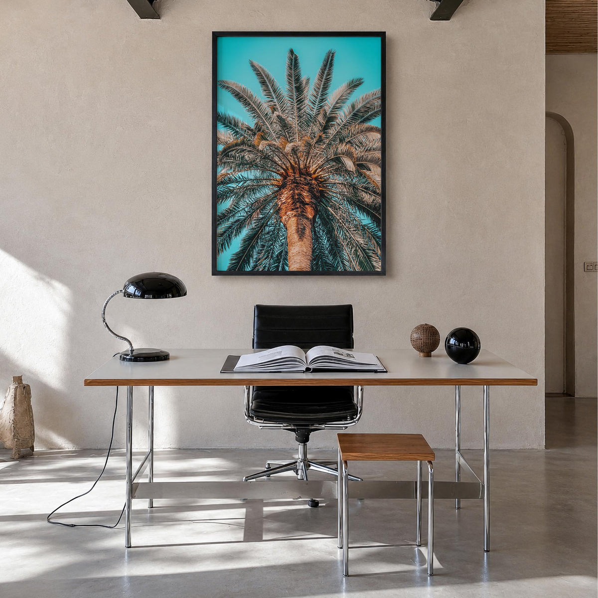 Giant Palm Tree colorful photo poster – vertical wall art in black wood frame, hanging on wall