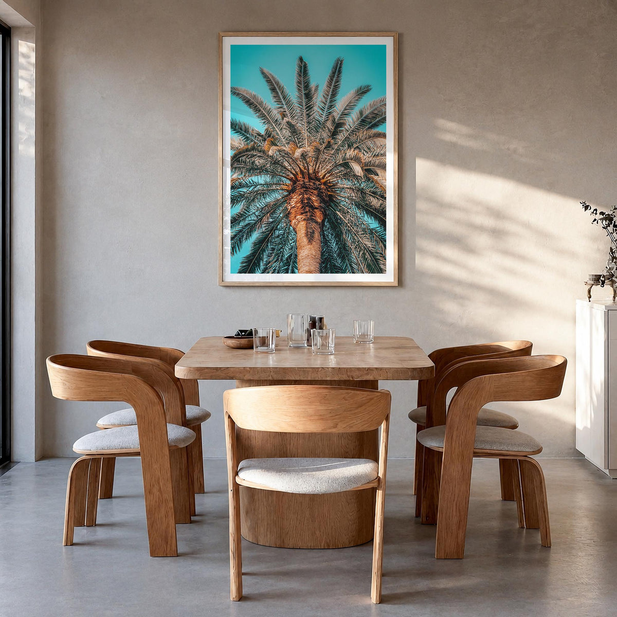 Giant Palm Tree colorful photo poster – vertical wall art in natural wood frame with white border, hanging on wall