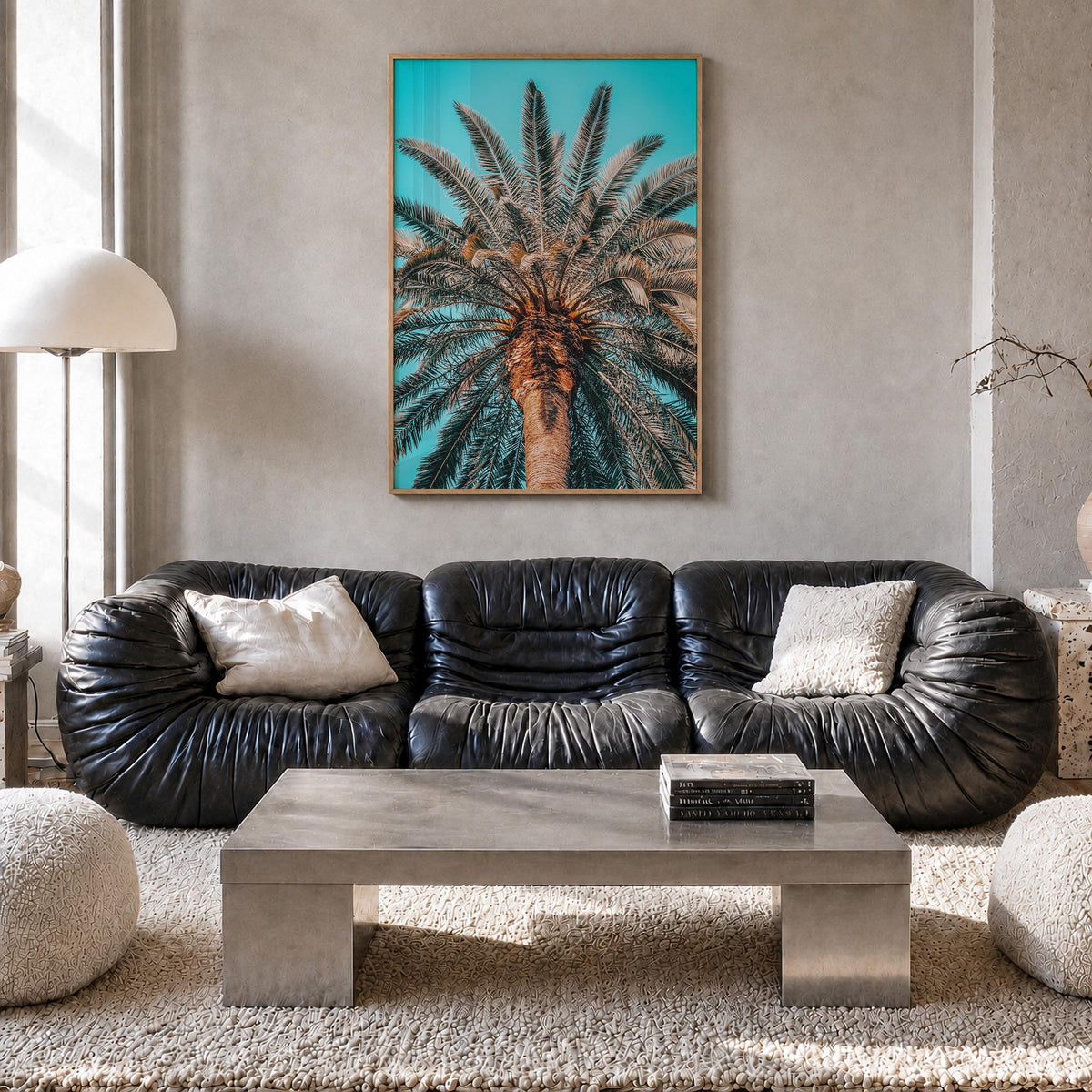 Giant Palm Tree colorful photo poster – vertical wall art in natural wood frame, hanging on wall