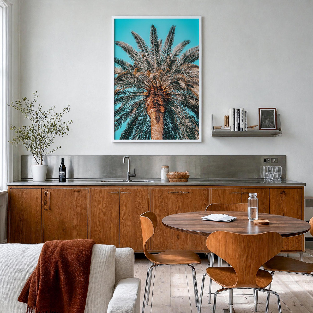 Giant Palm Tree colorful photo poster – vertical wall art in white wood frame, hanging on wall