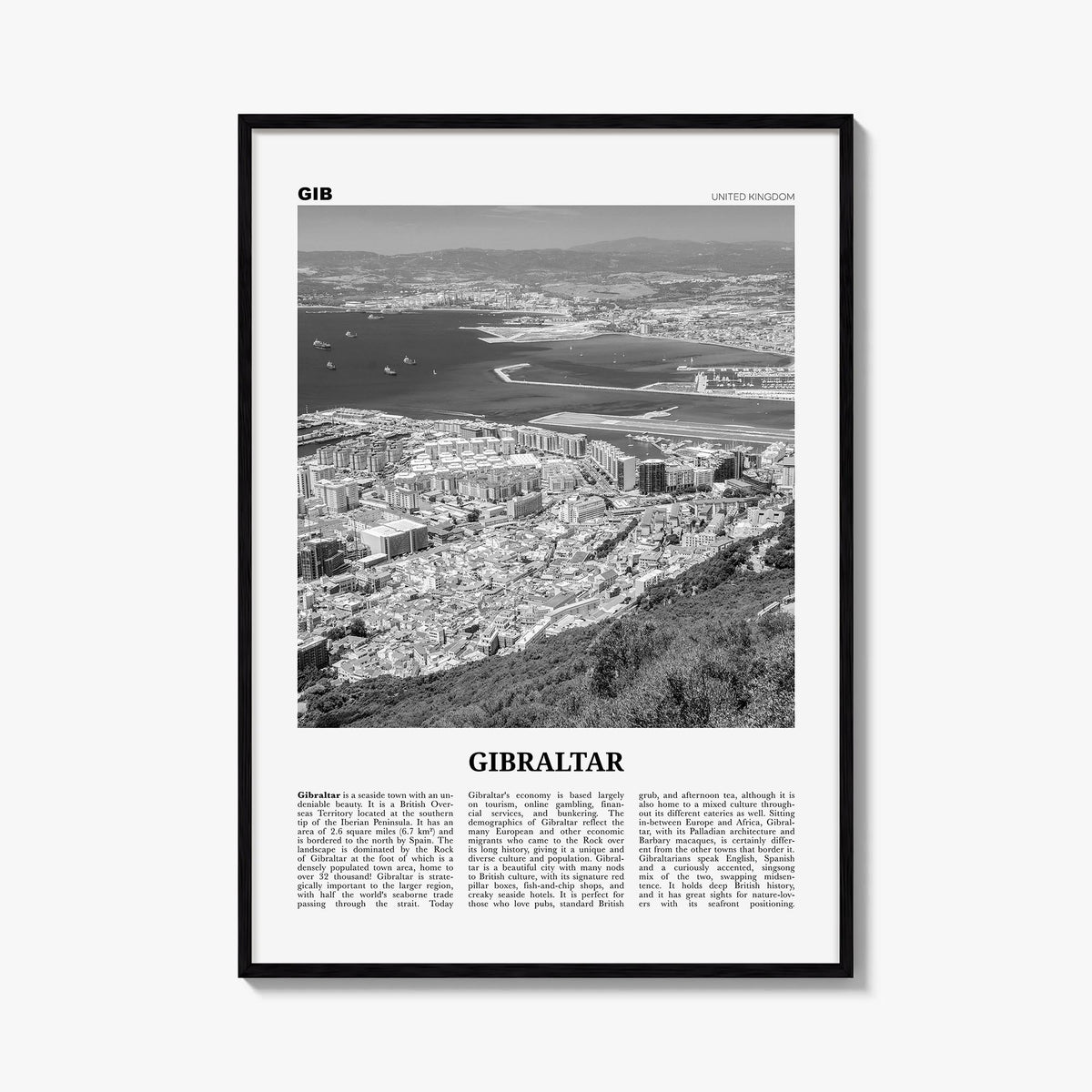 Gibraltar black & white newspaper poster of Europe – vertical wall art, unframed print shown in interior mockup