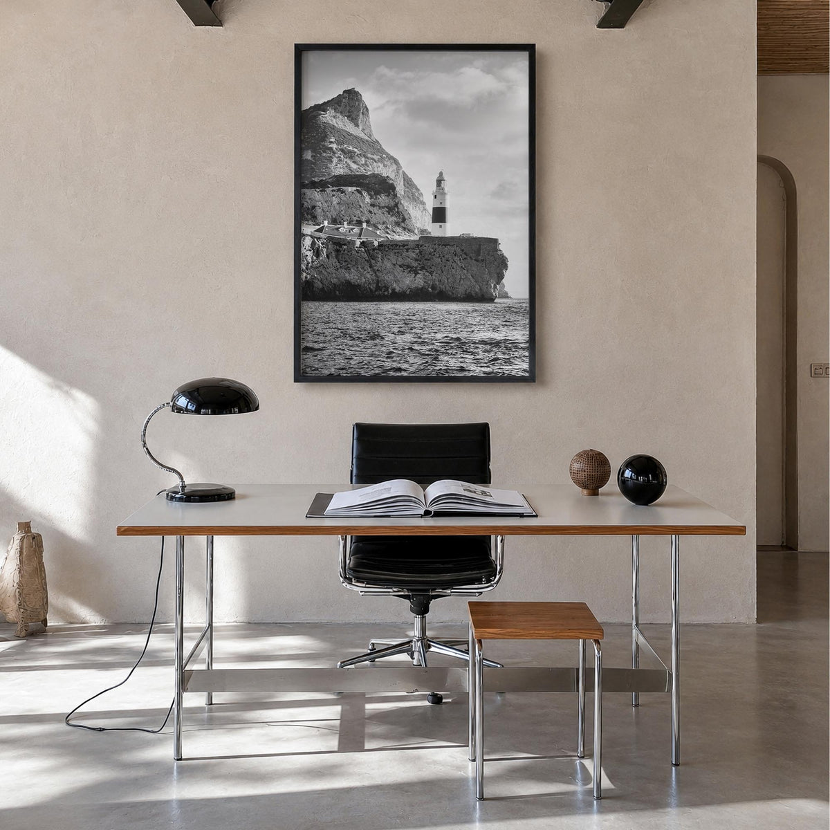 Gibraltar black & white photo poster of Europe – vertical wall art in black wood frame, hanging on wall