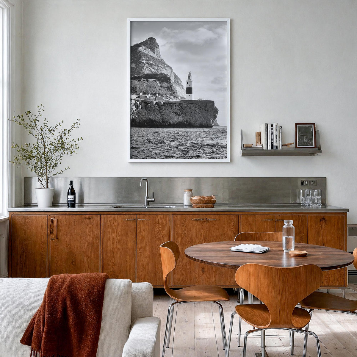 Gibraltar black & white photo poster of Europe – vertical wall art in white wood frame, hanging on wall
