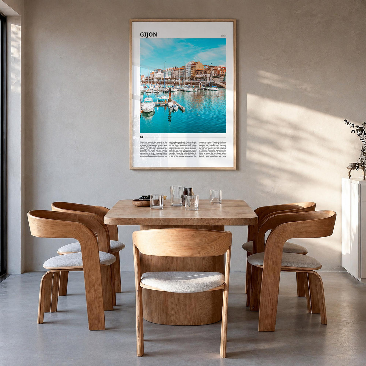 Gijón colorful travel poster of Spain – vertical wall art in natural wood frame, hanging on wall