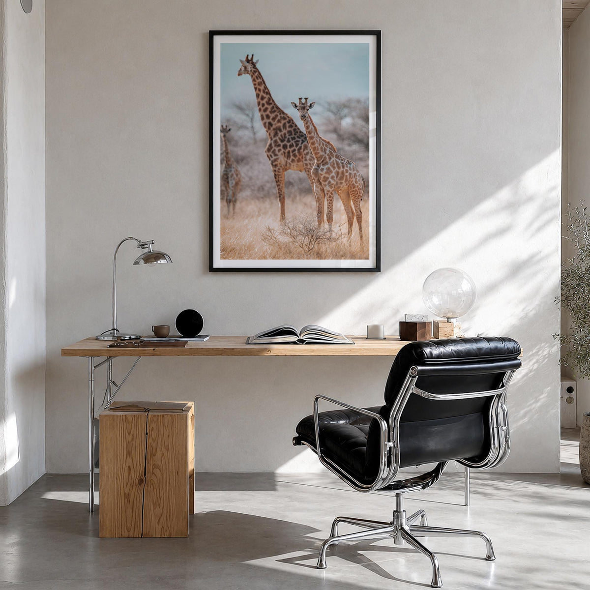 Giraffe no. 1 colorful photo poster – vertical wall art in black wood frame with white border, hanging on wall