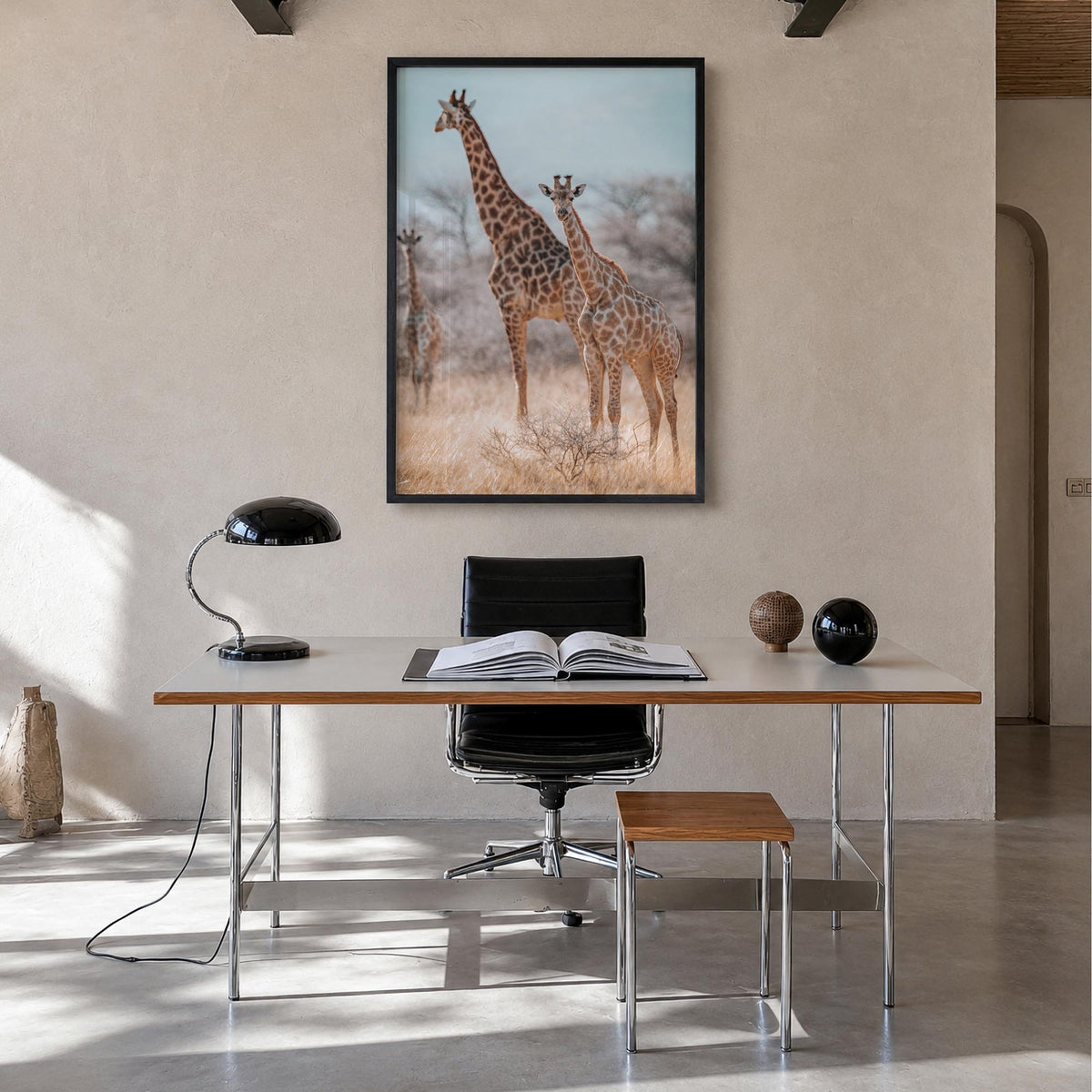 Giraffe no. 1 colorful photo poster – vertical wall art in black wood frame, hanging on wall
