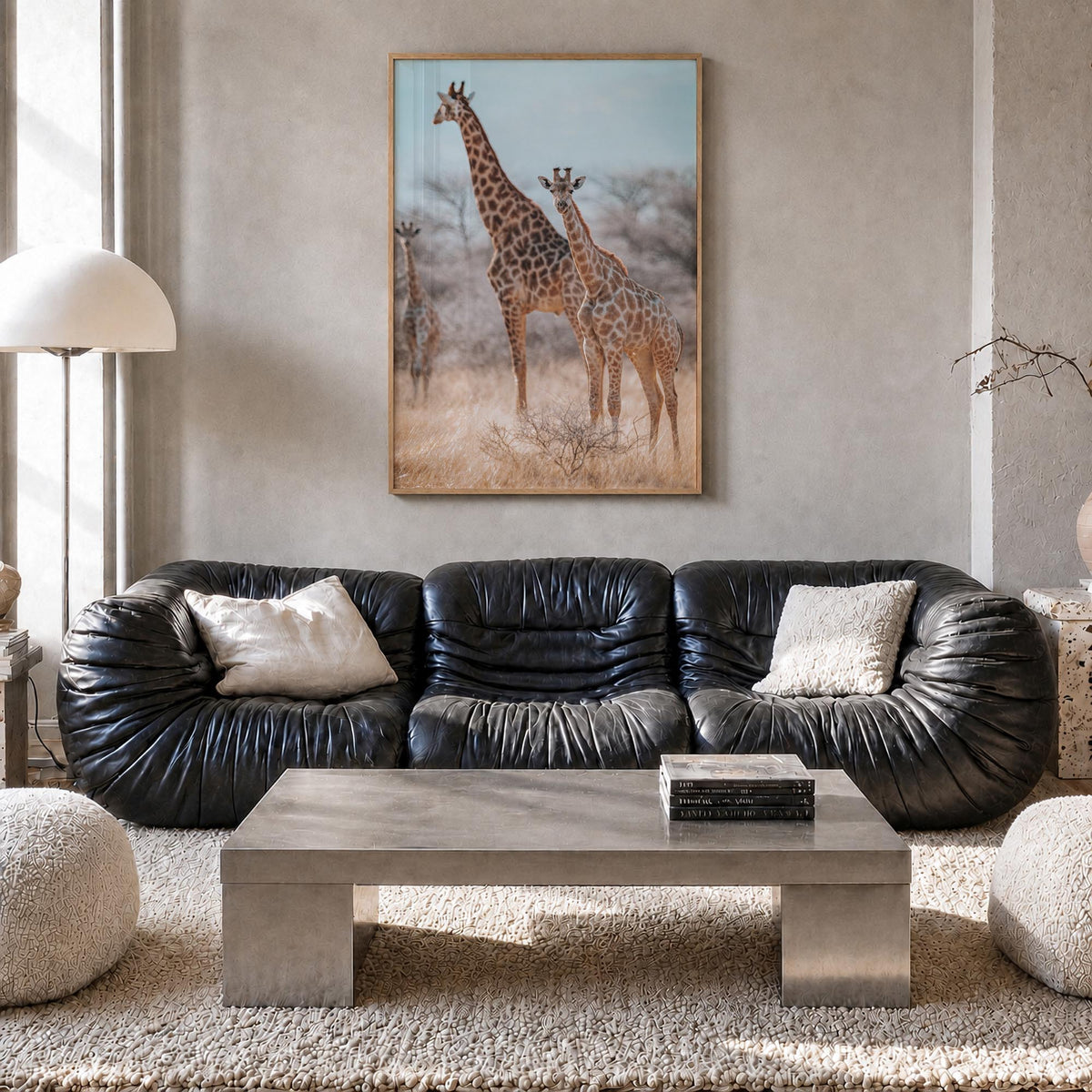 Giraffe no. 1 colorful photo poster – vertical wall art in natural wood frame, hanging on wall