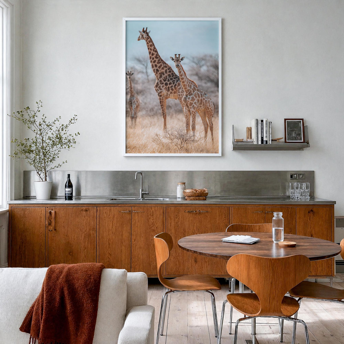 Giraffe no. 1 colorful photo poster – vertical wall art in white wood frame, hanging on wall