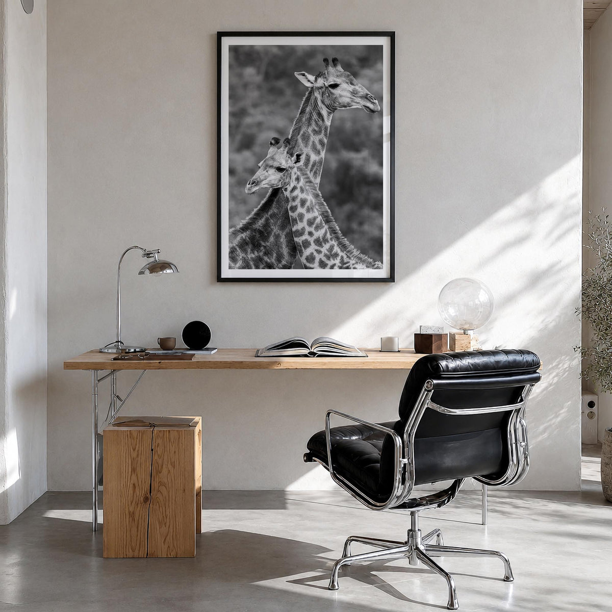 Giraffe no. 2 black & white photo poster – vertical wall art in black wood frame with white border, hanging on wall