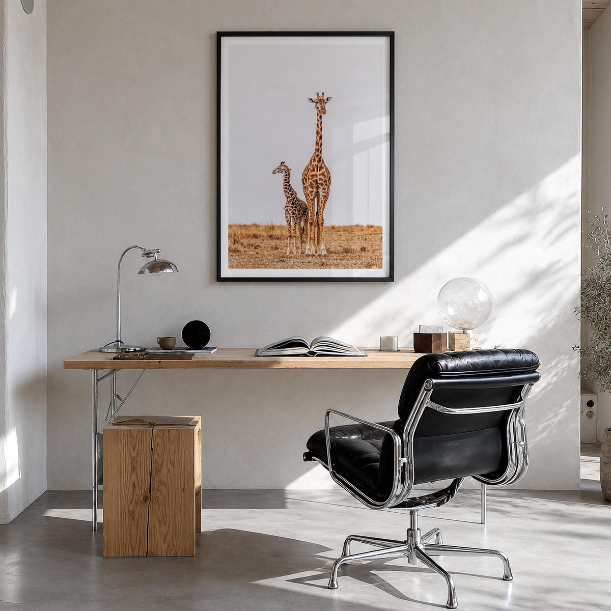 Giraffe no. 2 colorful photo poster – vertical wall art in black wood frame with white border, hanging on wall