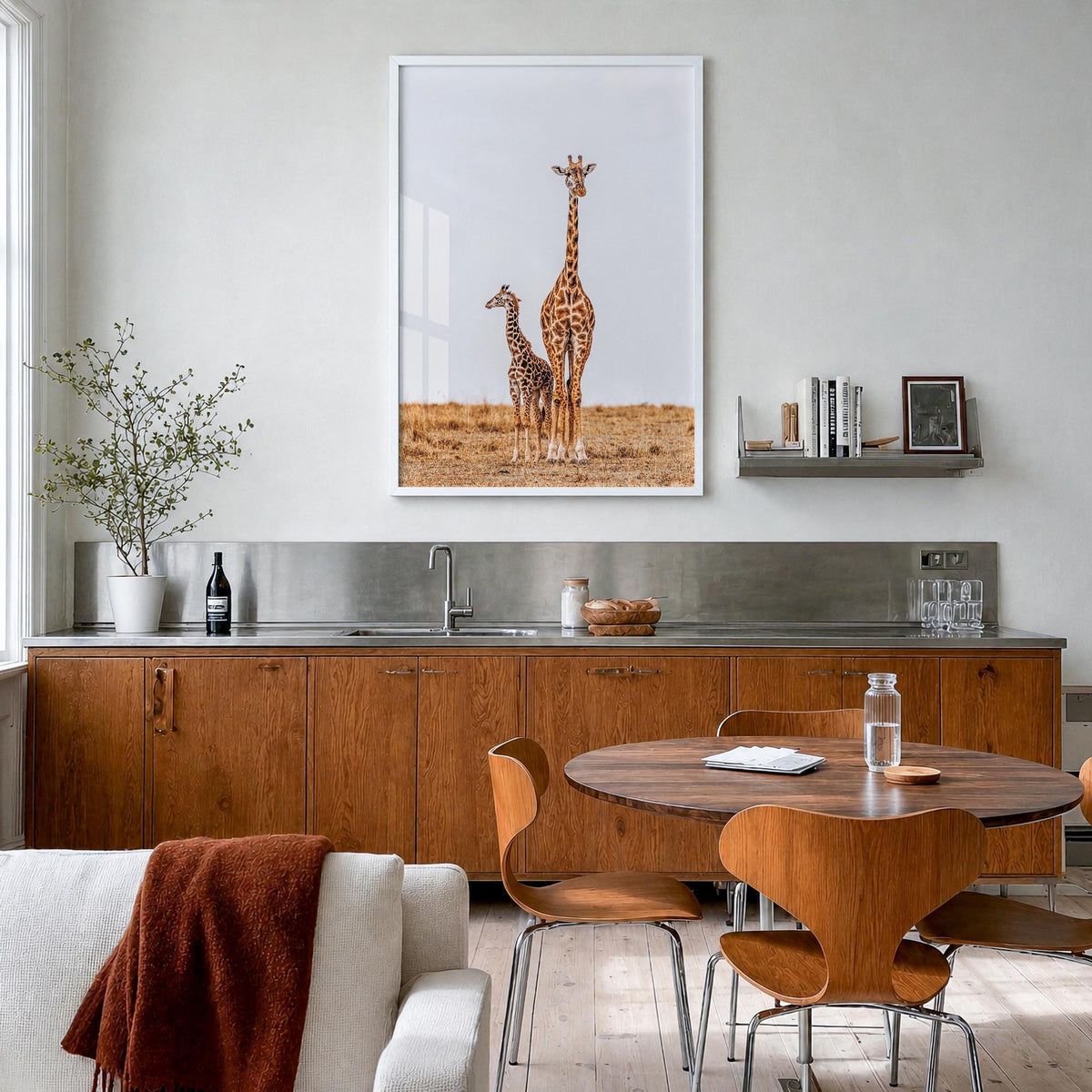 Giraffe no. 2 colorful photo poster – vertical wall art in white wood frame, hanging on wall