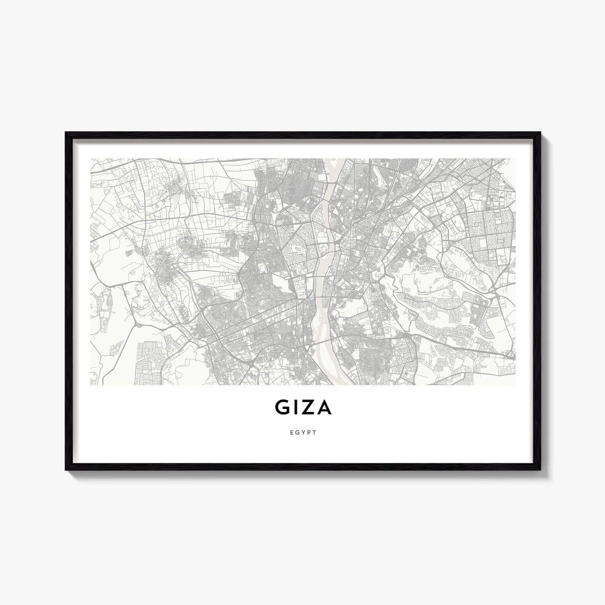 Giza black & white map poster of Egypt – horizontal wall art, unframed print shown in interior mockup
