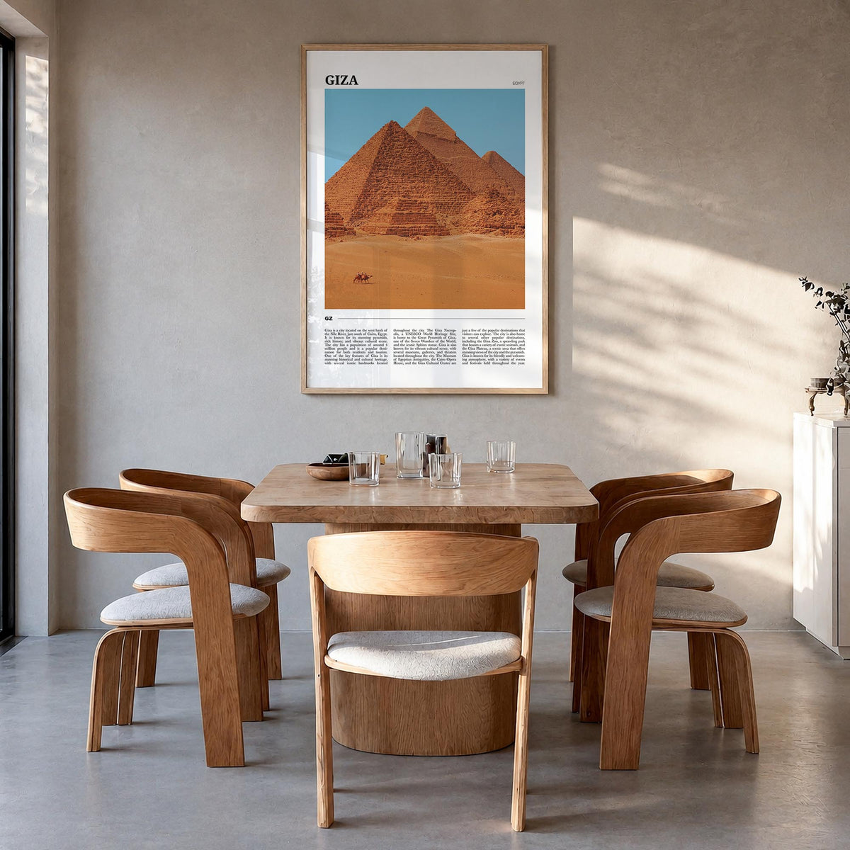 Giza colorful travel poster of Egypt – vertical wall art in natural wood frame, hanging on wall