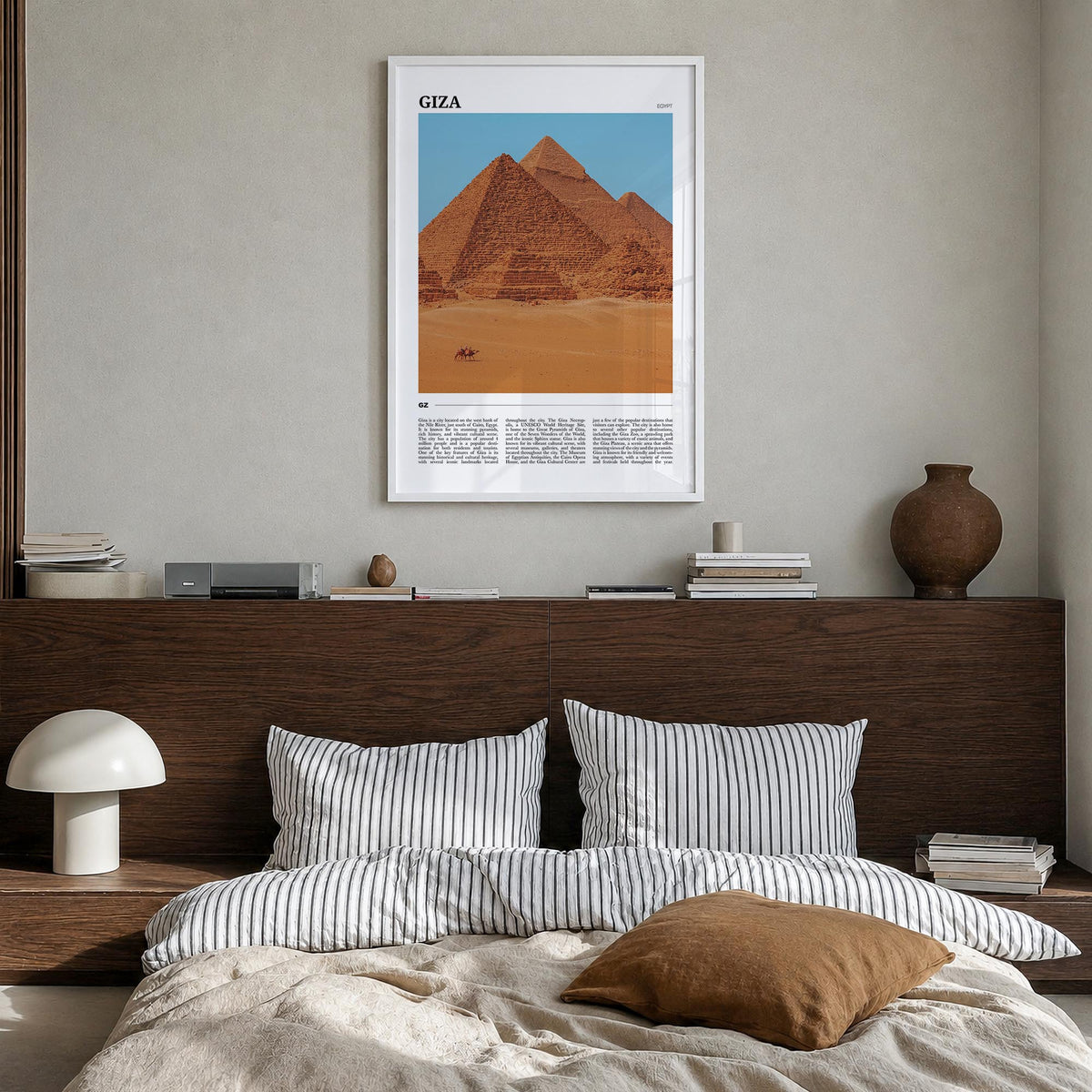 Giza colorful travel poster of Egypt – vertical wall art in white wood frame, hanging on wall