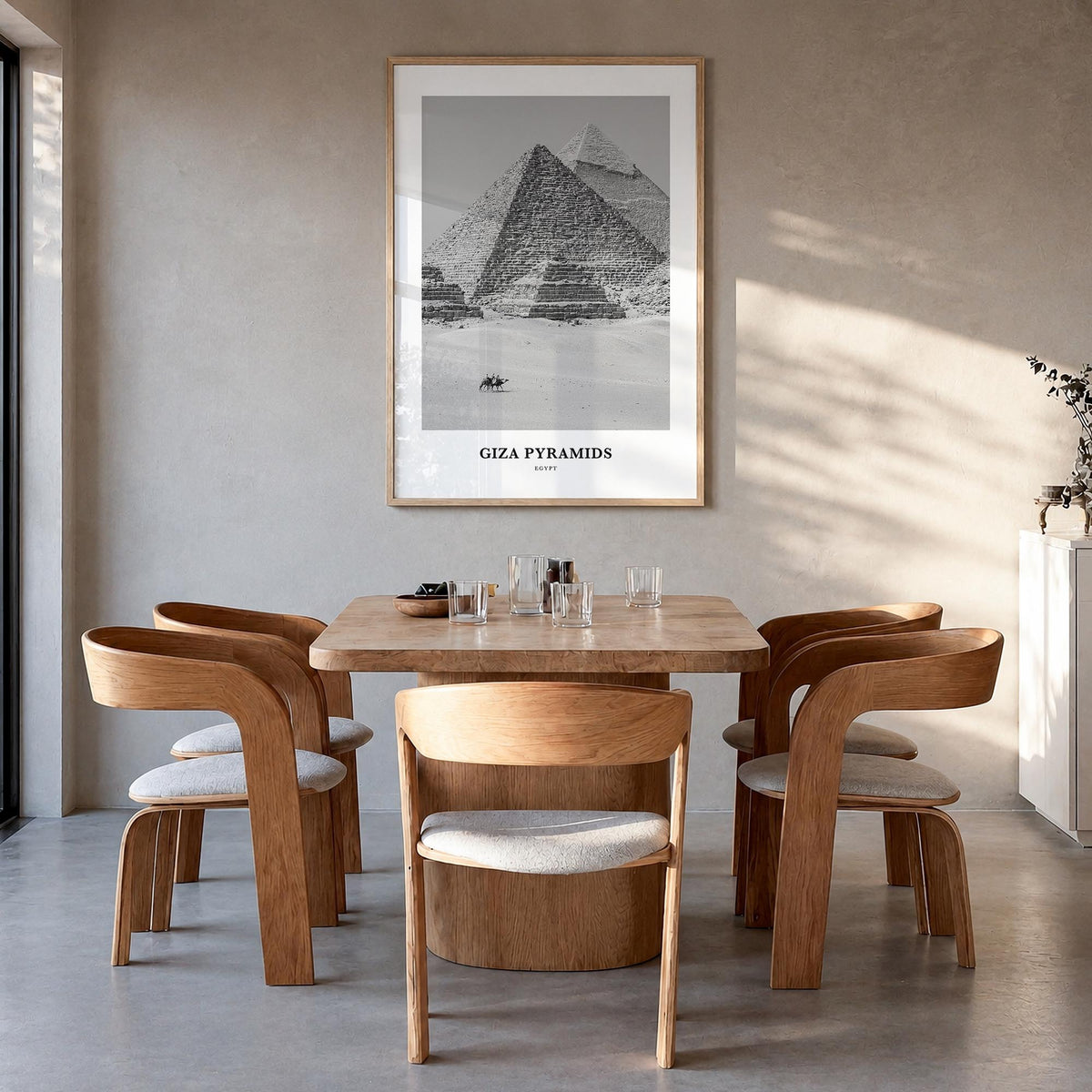 Giza Pyramids black & white classic poster of Egypt – vertical wall art in natural wood frame, hanging on wall