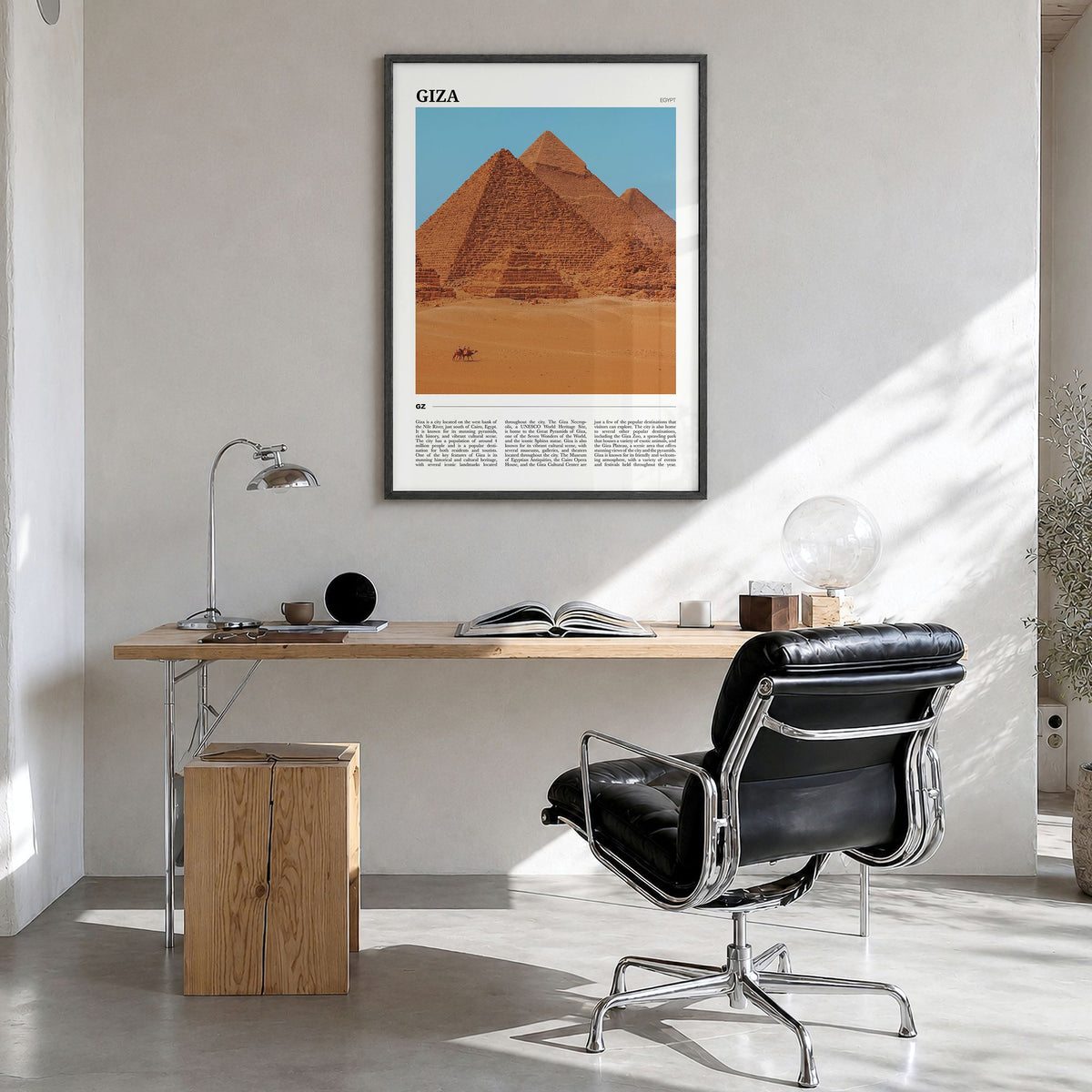 Giza Travel Poster in a black wood frame, hanging in a bright home office