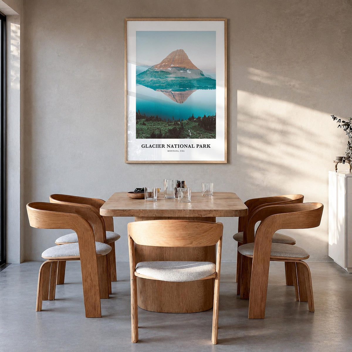 Glacier National Park colorful classic poster of Montana, USA – vertical wall art in natural wood frame, hanging on wall