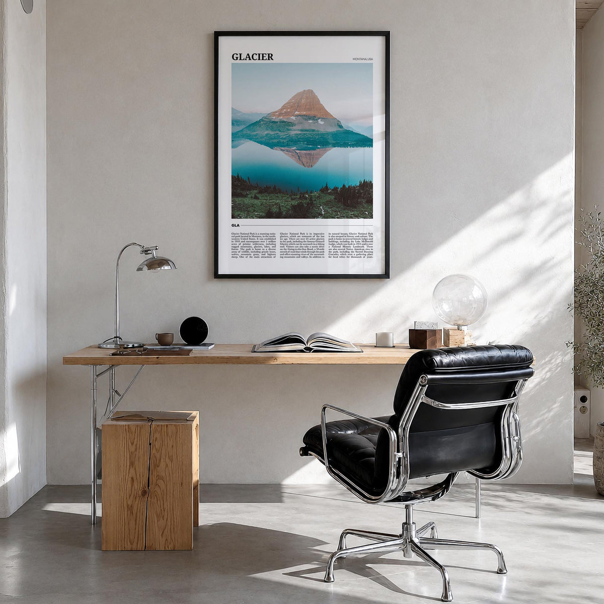 Glacier National Park colorful travel poster of Montana, USA – vertical wall art in black wood frame, hanging on wall