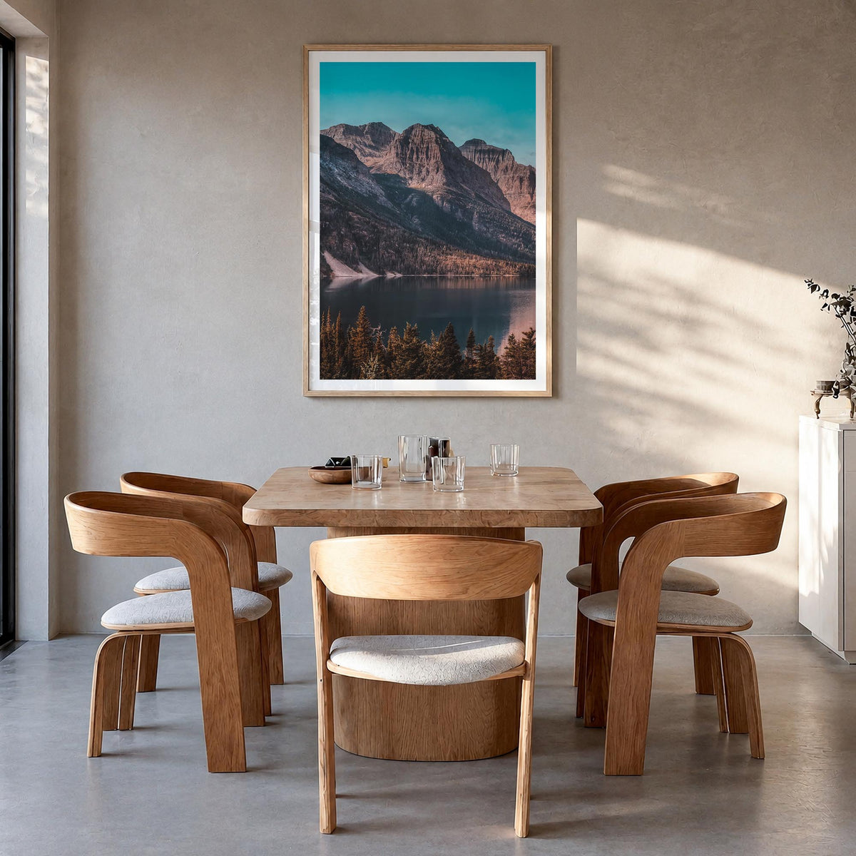 Glacier National Park no. 1 colorful photo poster of Montana, USA – vertical wall art in natural wood frame with white border