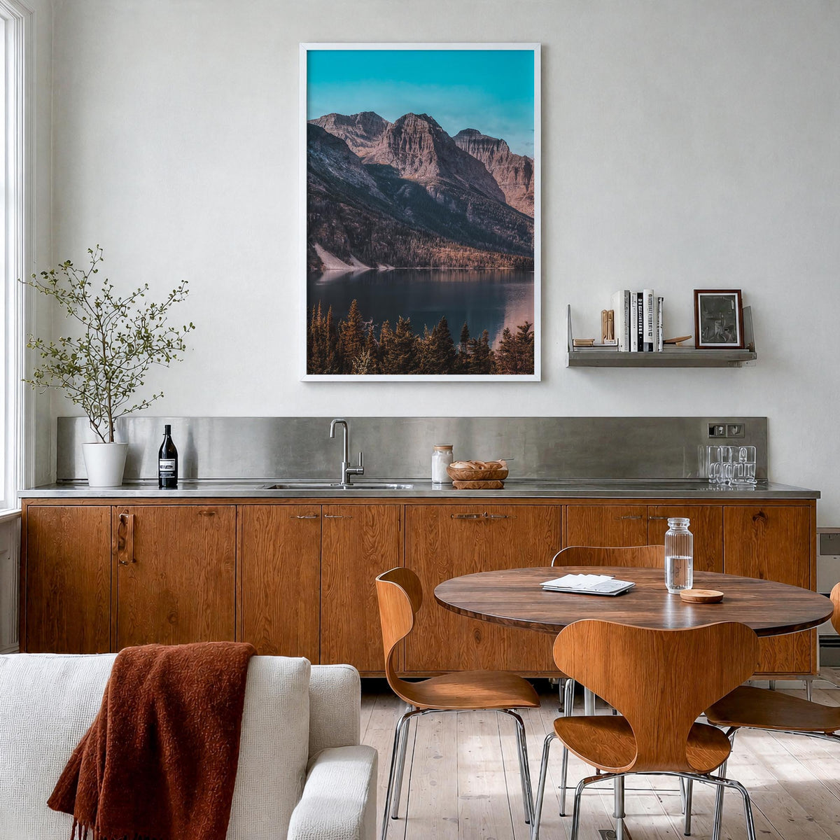 Glacier National Park no. 1 colorful photo poster of Montana, USA – vertical wall art in white wood frame, hanging on wall