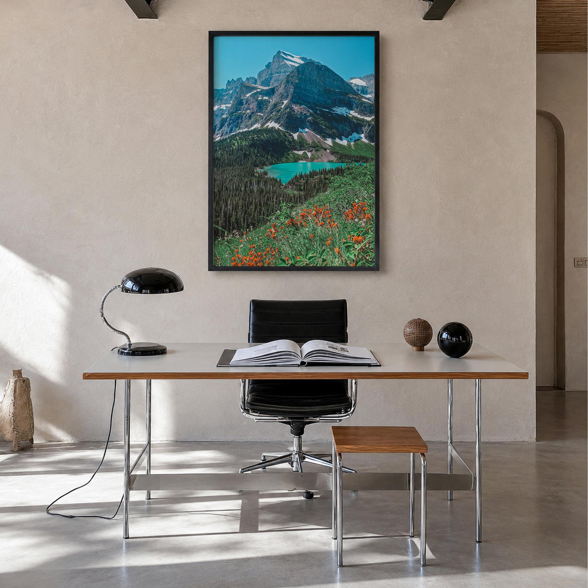 Glacier National Park no. 2 colorful photo poster of Montana, USA – vertical wall art in black wood frame, hanging on wall