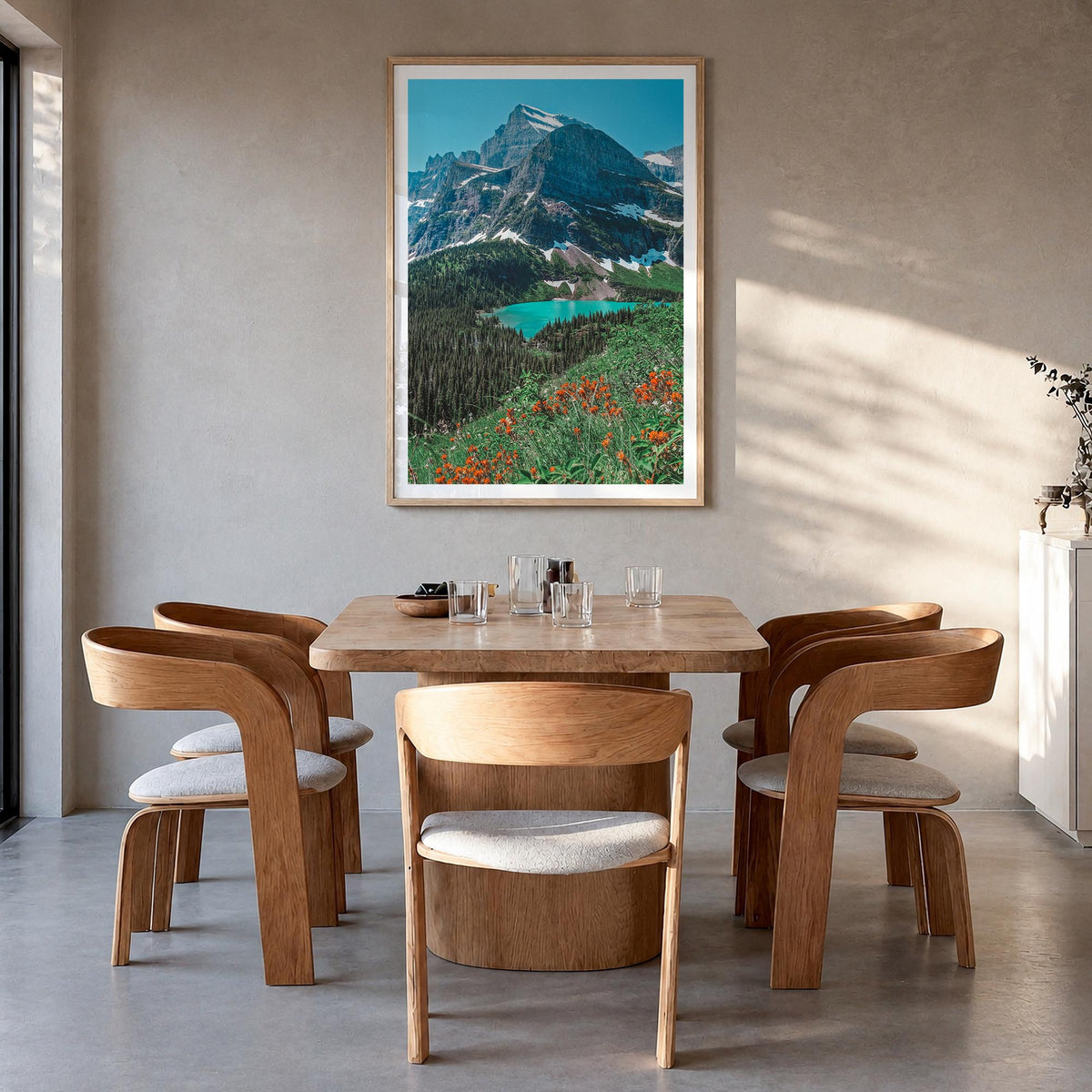 Glacier National Park no. 2 colorful photo poster of Montana, USA – vertical wall art in natural wood frame with white border