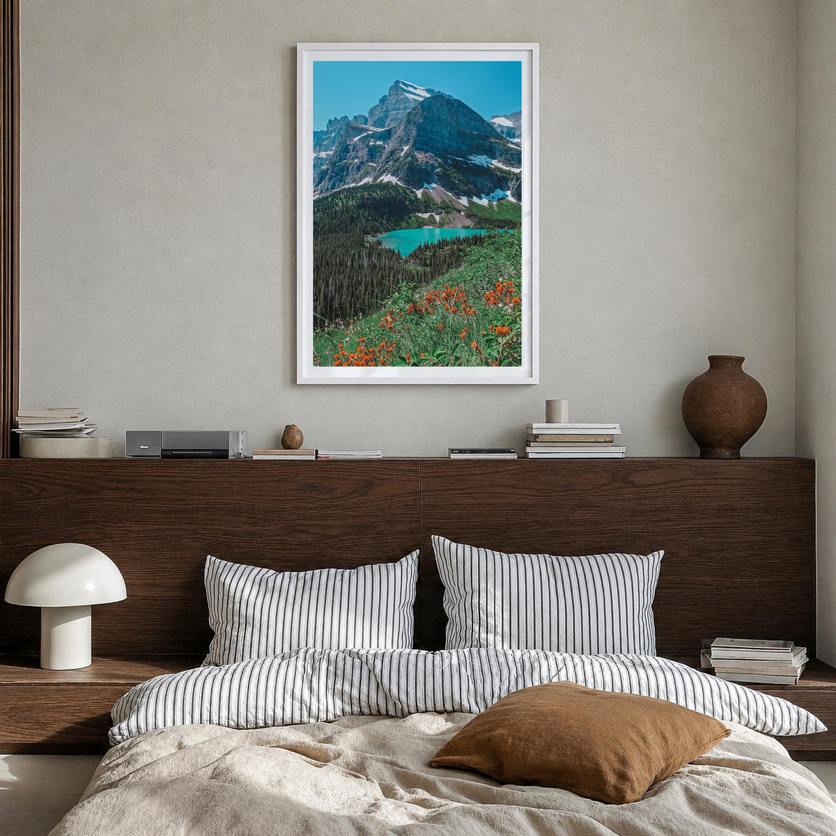 Glacier National Park no. 2 colorful photo poster of Montana, USA – vertical wall art in white wood frame with white border,