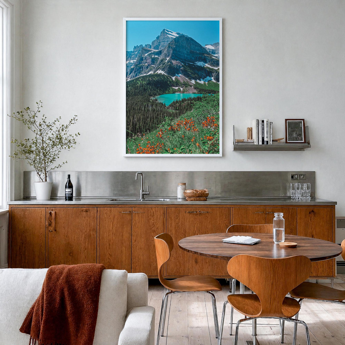 Glacier National Park no. 2 colorful photo poster of Montana, USA – vertical wall art in white wood frame, hanging on wall