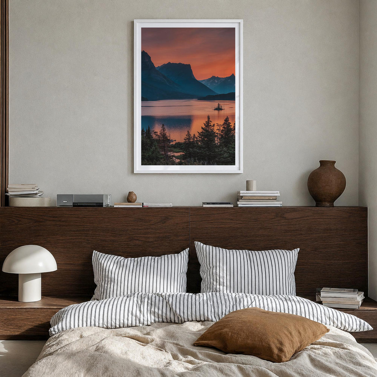 Glacier National Park no. 3 colorful photo poster of Montana, USA – vertical wall art in white wood frame with white border,