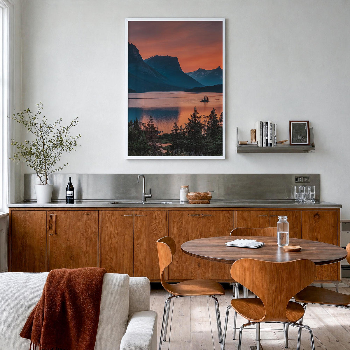 Glacier National Park no. 3 colorful photo poster of Montana, USA – vertical wall art in white wood frame, hanging on wall