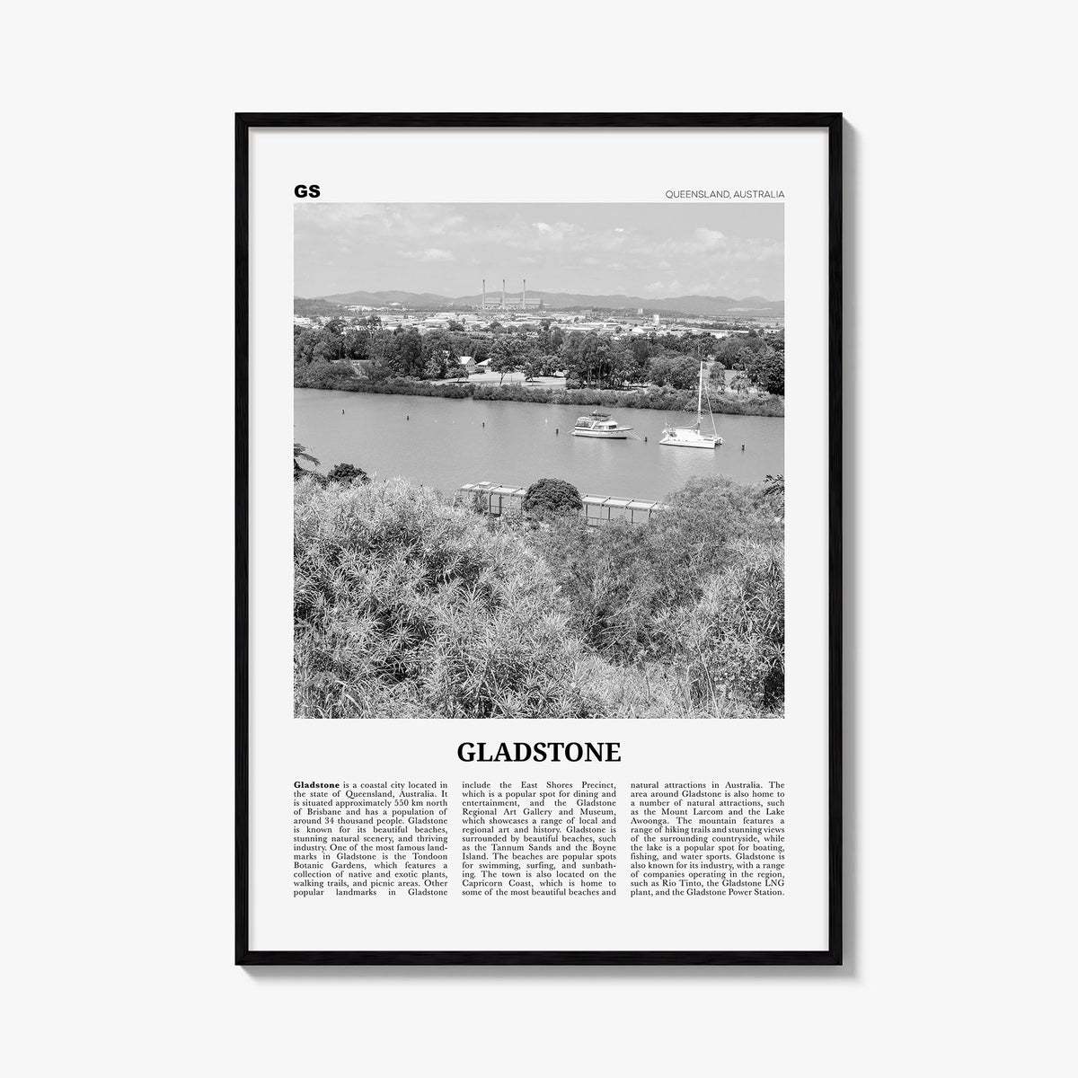 Gladstone black & white newspaper poster of Australia – vertical wall art, unframed print shown in interior mockup
