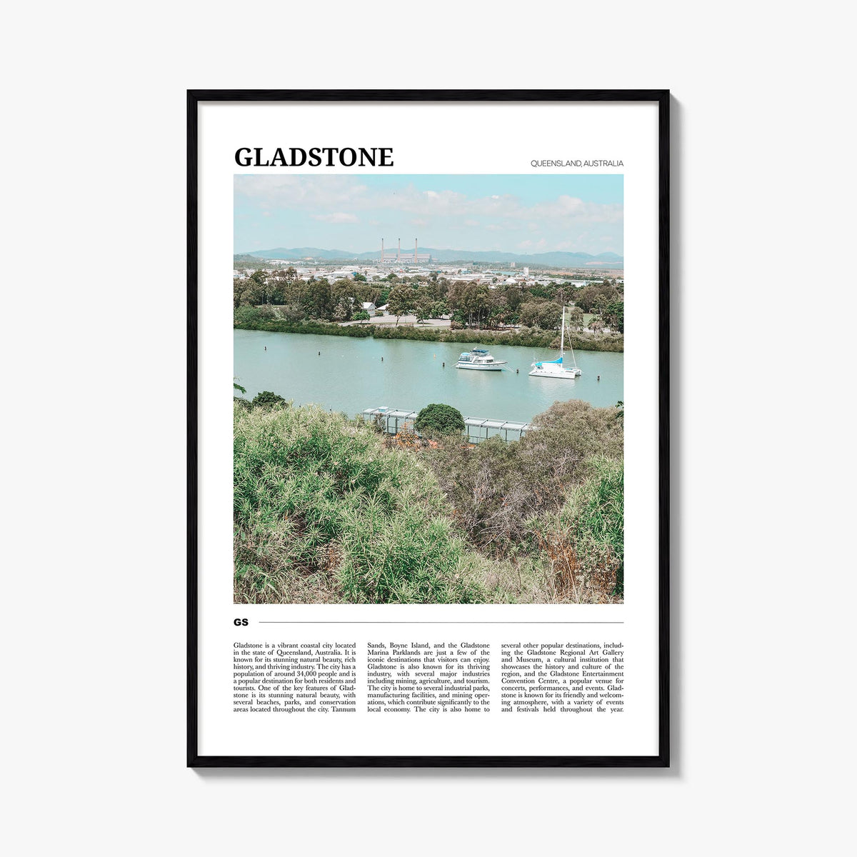 Gladstone colorful travel poster of Australia – vertical wall art, unframed print shown in interior mockup