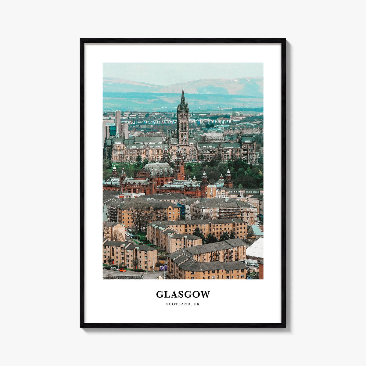 Glasgow colorful classic poster of Scotland, UK – vertical wall art, unframed print shown in interior mockup