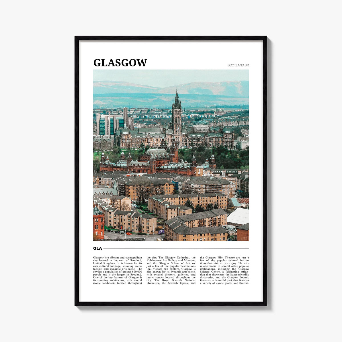 Glasgow colorful travel poster of Scotland, UK – vertical wall art, unframed print shown in interior mockup